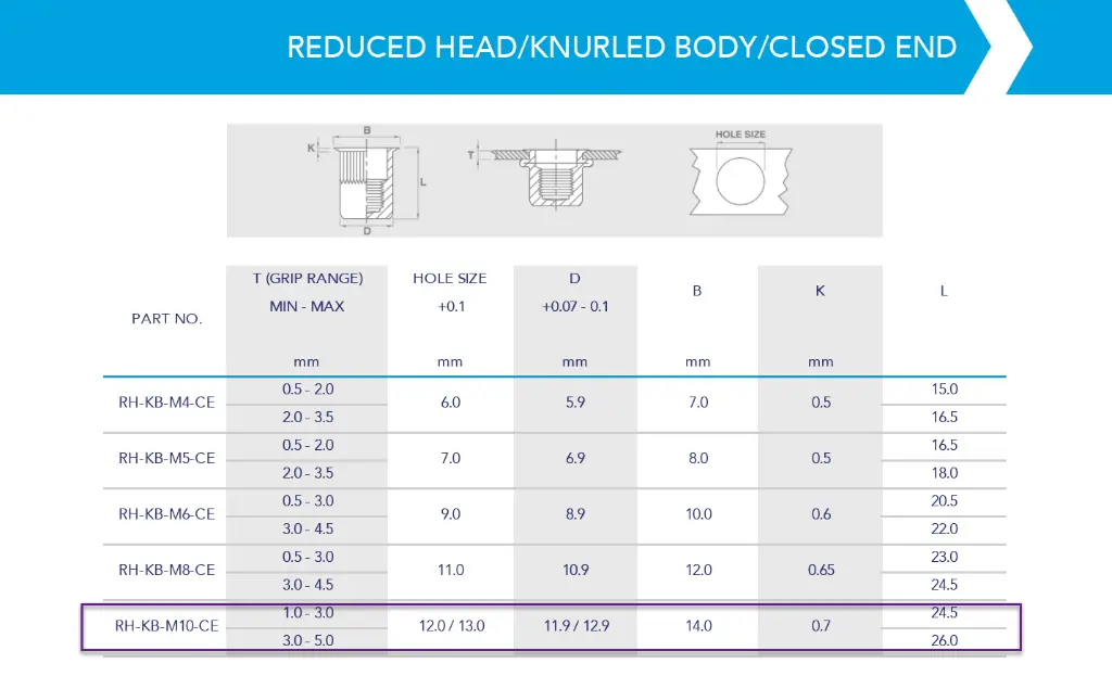 Rivnut / Steel / Reduced Head / Round Body (Knurl) / Closed End / M10 (100 pcs)