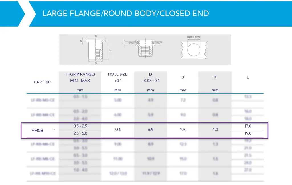 Rivet Nut Steel Flat Head Round Body Closed End M5 length 19.5mm